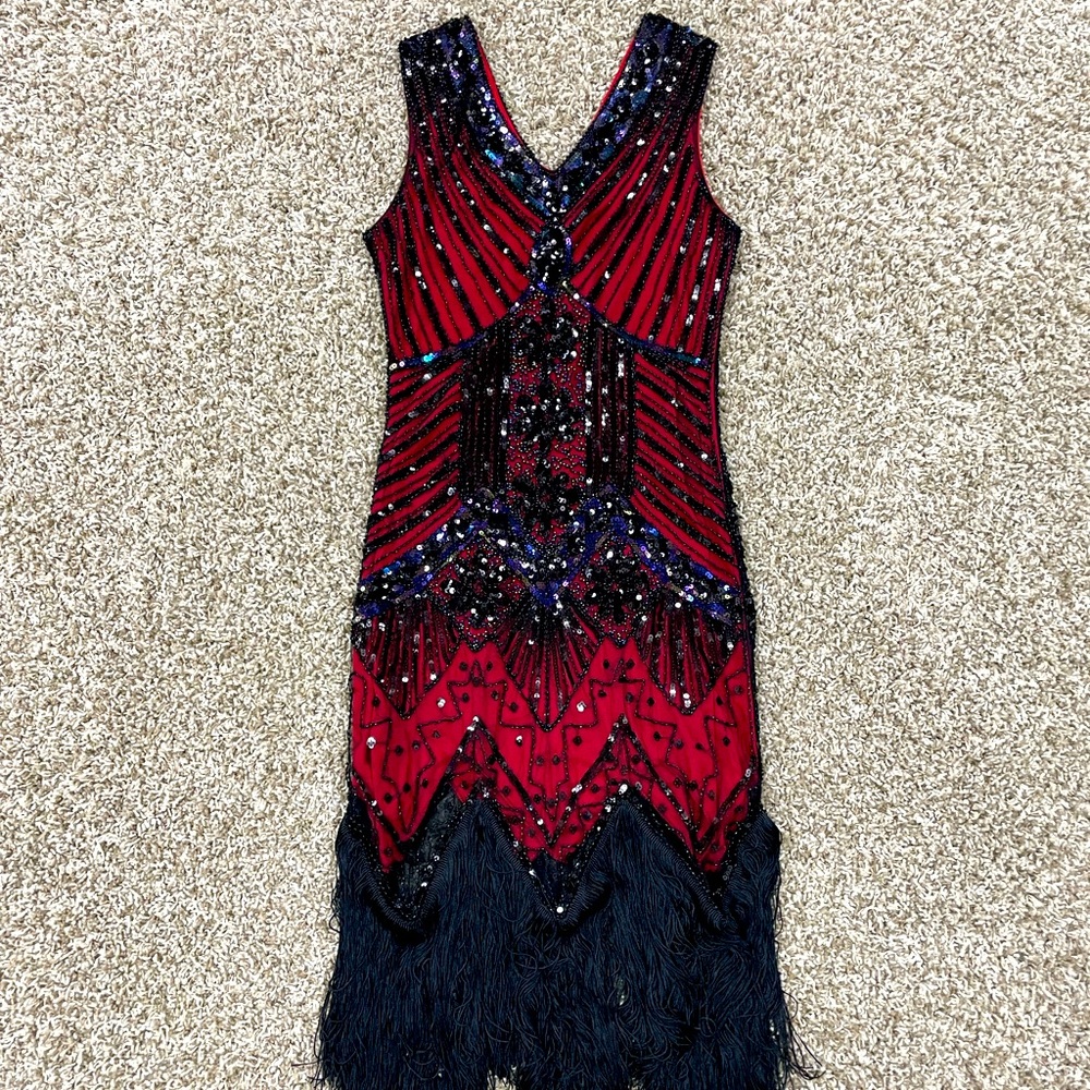 Red and black evening gown